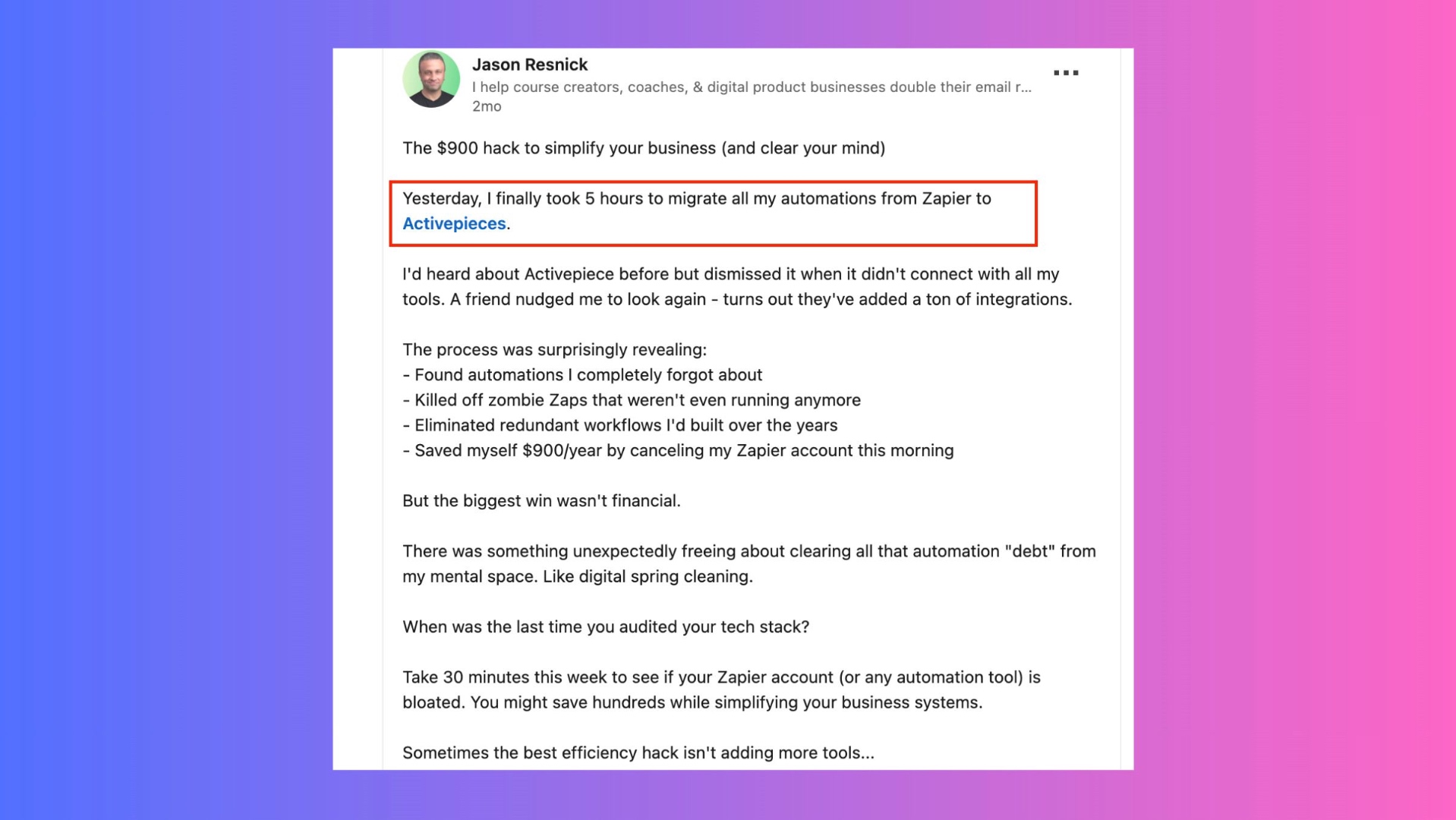 LinkedIn post about migrating from Zapier to save $900/year