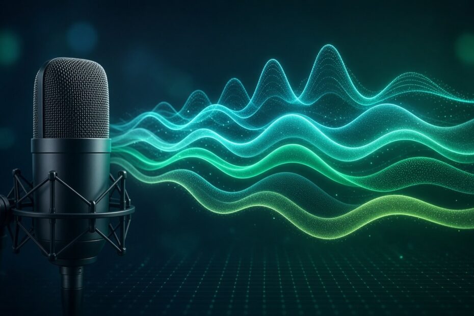 Stylized studio microphone on a dark teal-green background with seven glowing sound waves flowing out of it, representing different AI voice tools — ElevenLabs alternatives compared